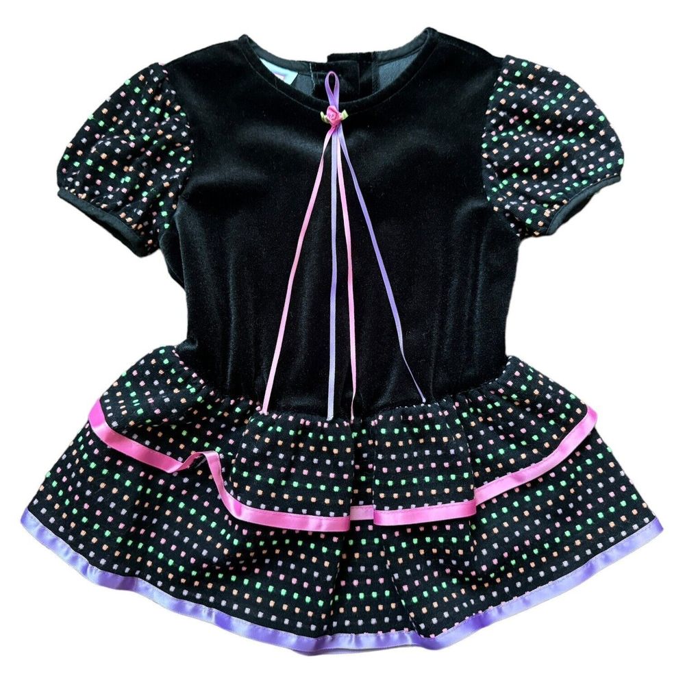 Vintage 90’s California Talk 3T Girls Dress Black Velour Embroidered Polka Dots